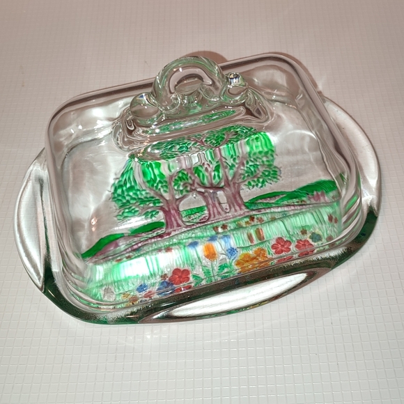Boho Chic Cheese Dish Butter Dish with Floral Landscape Design Vintage - Picture 1 of 8